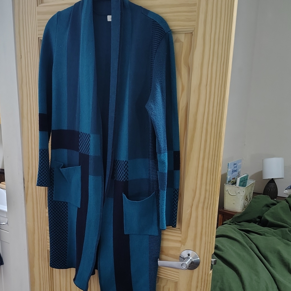 Teal and Navy Open Front Knit Cardigan Duster